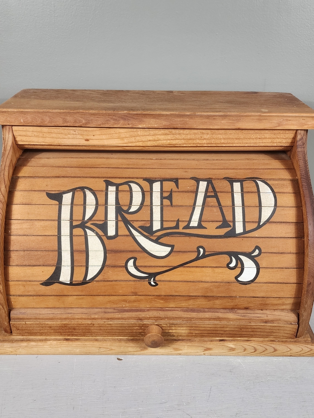 Wooden Roll Top Bread Box Farmhouse Brown Wood 80s Country Rustic